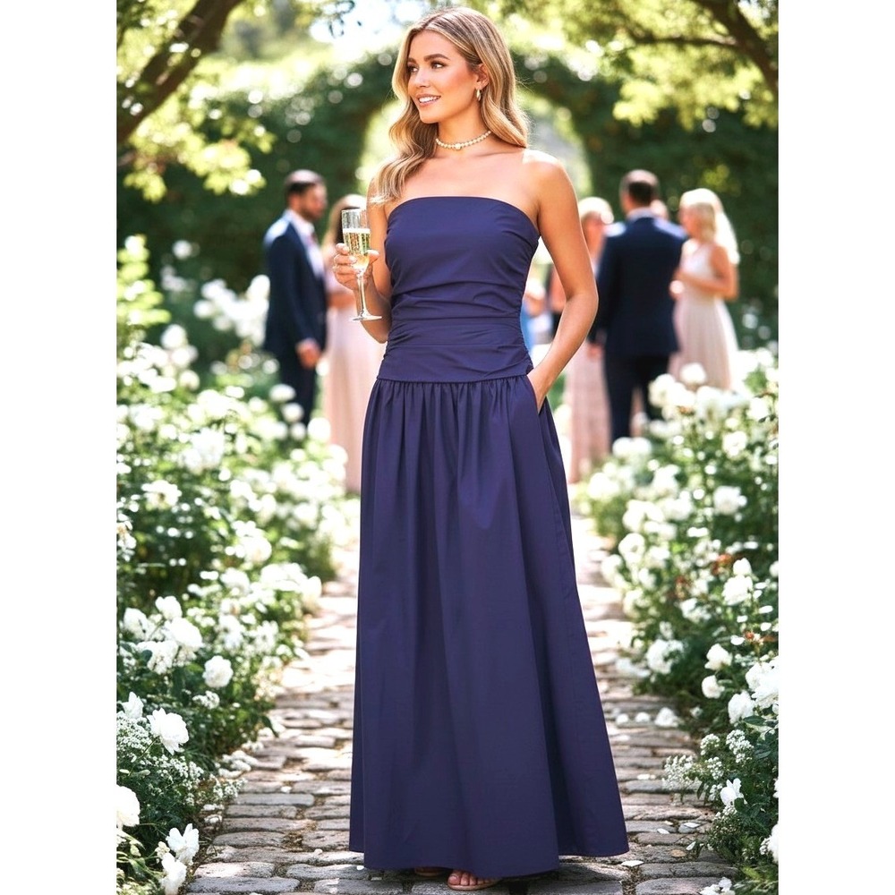 100% Cotton Strapless Maxi Prom Party Dress Womens Med. Blue NEW Ruched Pocket